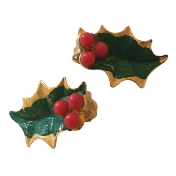 Vintage Holly Leaf Earrings Berry Clip Ons Metal Gold Tone Painted Celluloid MCM - Picture 8 of 16